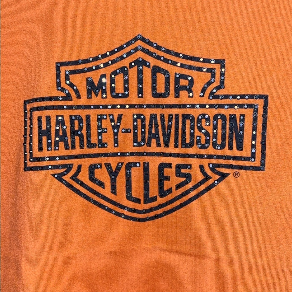 Harley Davidson Woman's Orange Long Sleeve Rhinestone Shirt Size XS P2P 16" - Picture 4 of 5